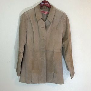 Casual longer length button front leather jacket